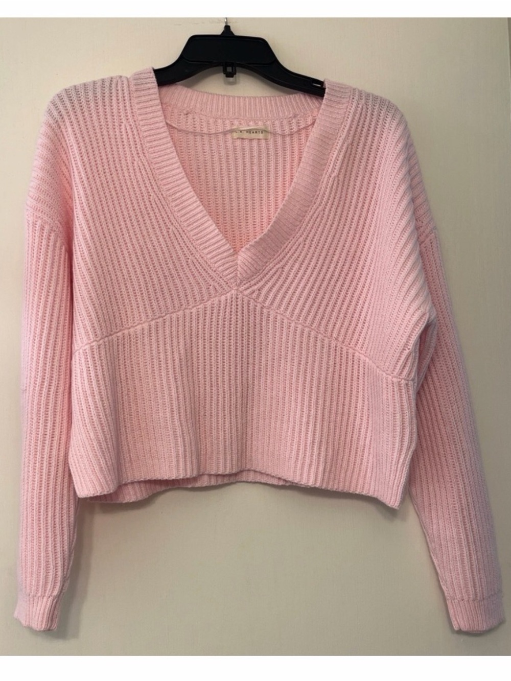 LA Hearts V-Neck Pink Knit Cropped Sweater